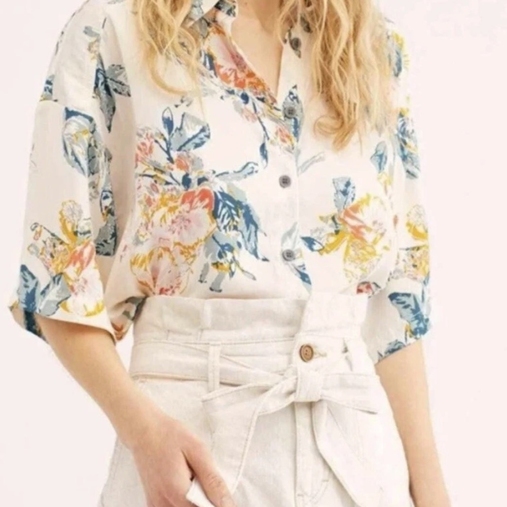 Free People Oversized Cropped Button Down Floral Lily Of The Valley Blouse XL